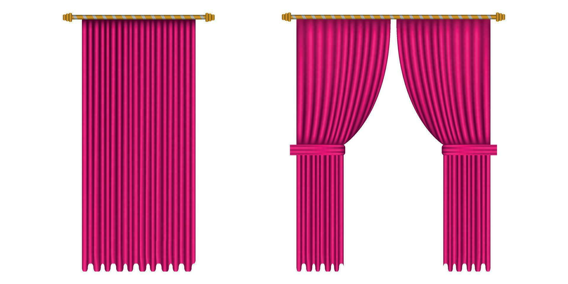 Pink curtains. Realistic luxury open curtain decoration. Fabric interior for circus, theater, scene and club. Vector illustration isolated on white background