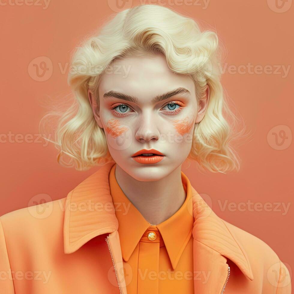 Young woman portrait in orange high fashion clothing. Pastel colors. Generative AI photo