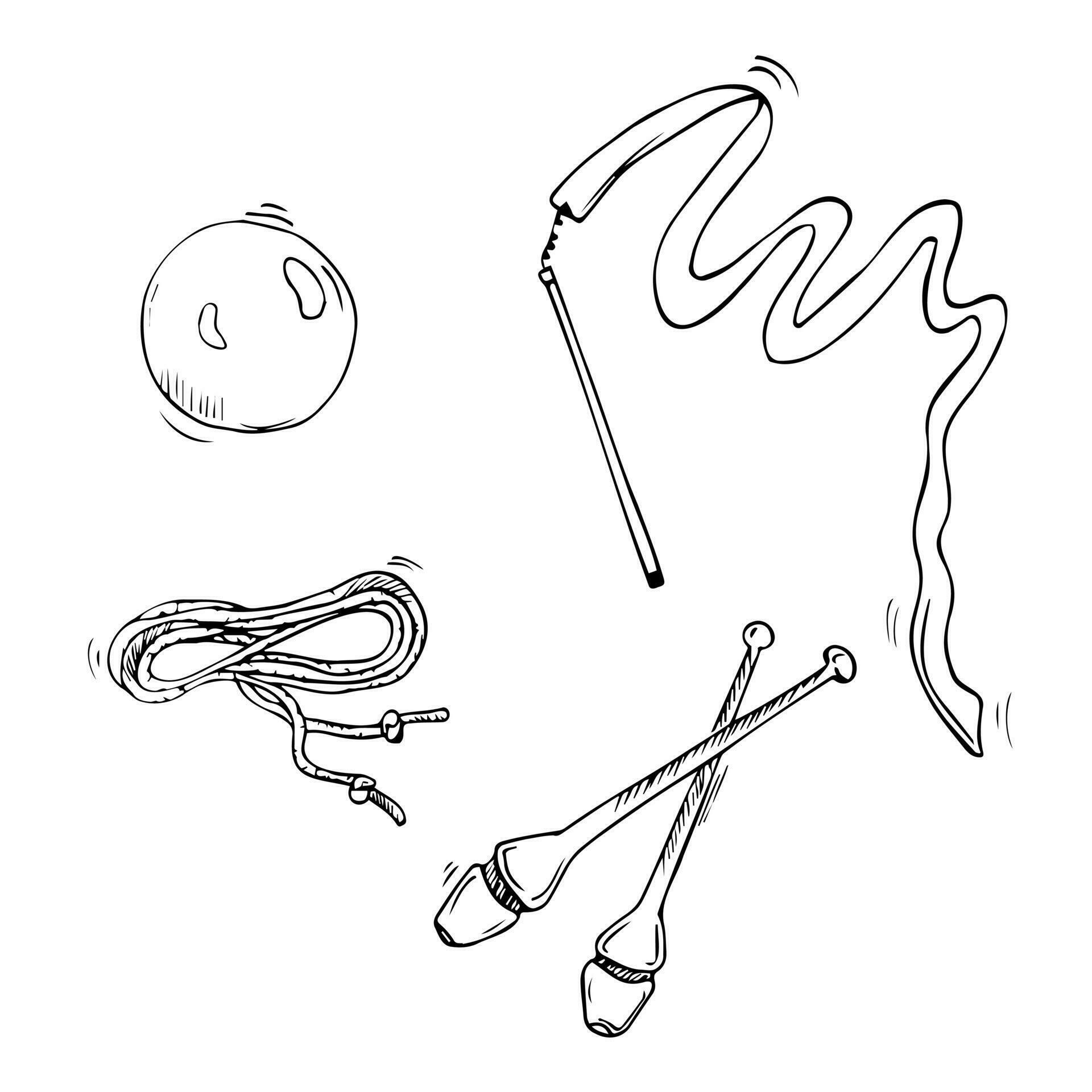 Vector doodle rhythmic gymnastics equipment set. Line art. Skipping