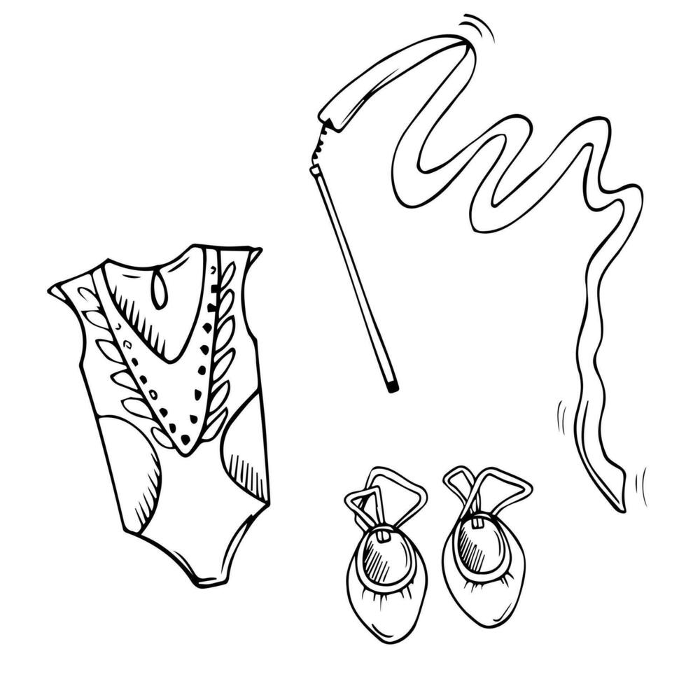 Vector doodle rhythmic gymnastics equipment set. Line art. Skipping rope, sportwear, clubs, halfshoes illustrations