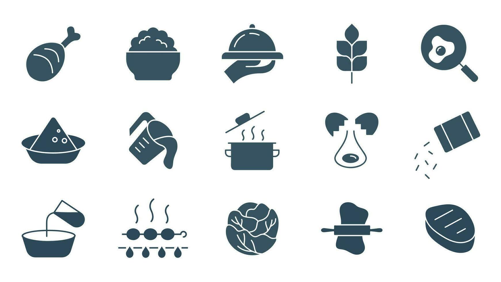 comida y Cocinando sólido icono colocar. concepto de cocina, alimentos, comidas, restaurante, plato íconos vector