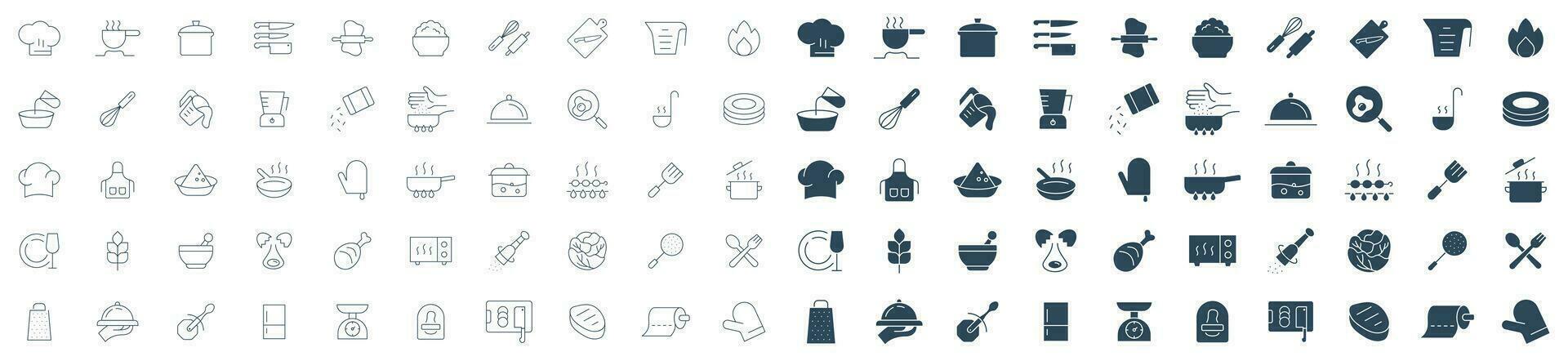 Kitchen and cooking icon set.  food, kitchen tools, cooking  utensils, chef, and restaurant icons outline and solid vector illustration