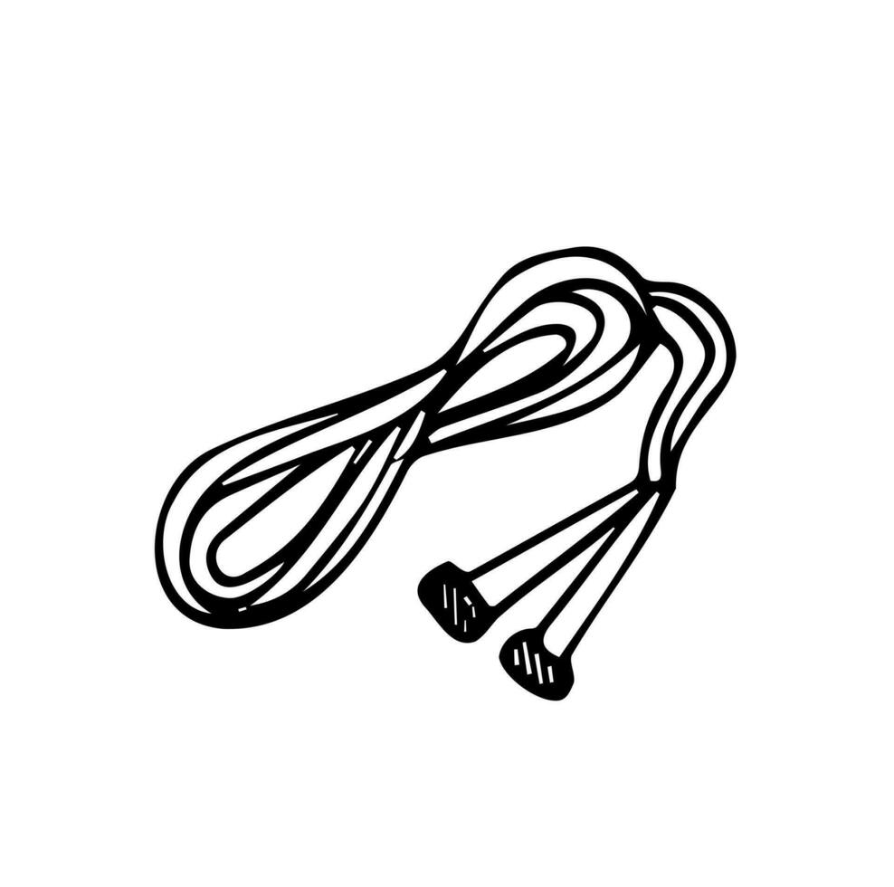 Doodle black contour skipping jumping rope for home fitness exercise workout. Black and white simple clip art. Skipping rope in doodle style vector