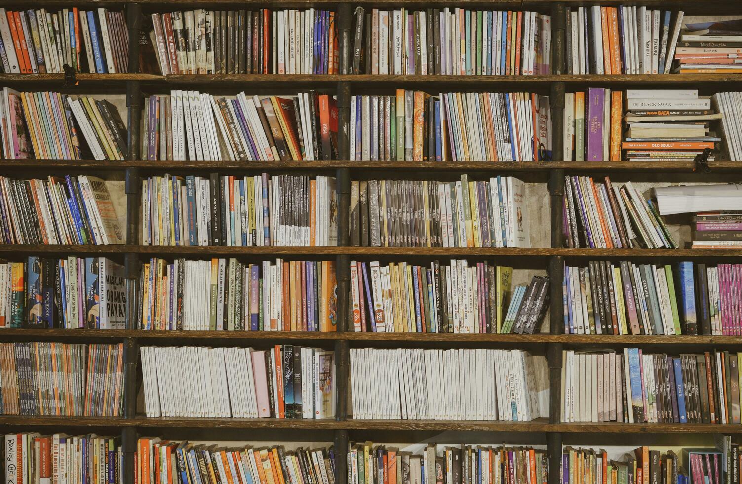 industrial oscuro de madera estantería lleno con social, ficción, yo mejora y biografía libros en un público biblioteca o un librero tienda. yogyakarta, Indonesia - 08 28 2023 foto
