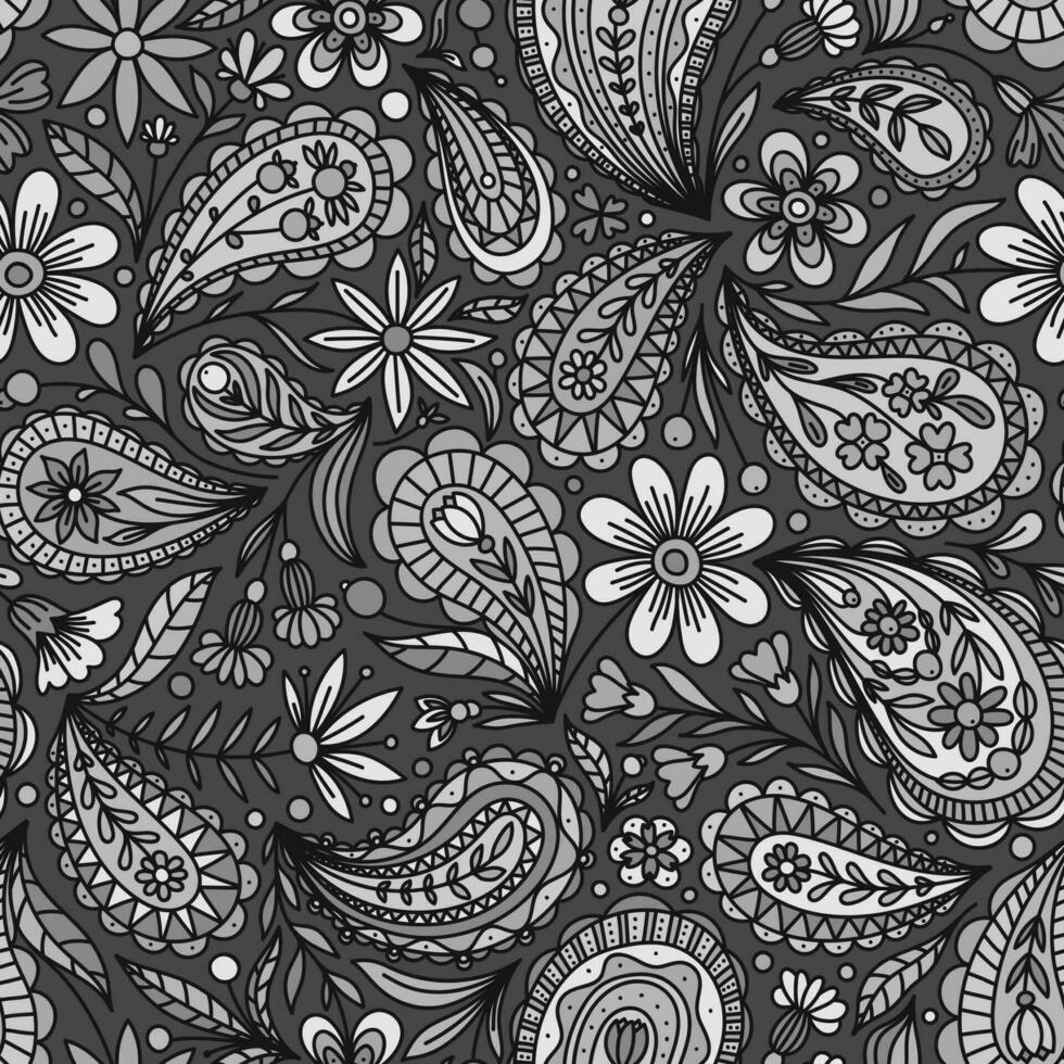 DARK GREY VECTOR SEAMLESS BACKGROUND WITH GREY FLORAL PAISLEY ORNAMENT
