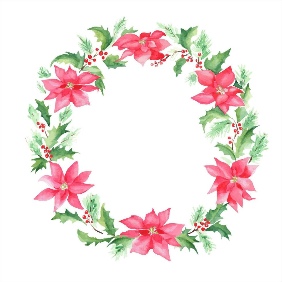 Watercolor hand drawn Christmas wreath. Floral frame with poinsettia, pines, holly plant. Vintage stile. Good for cards, prints, decoration vector