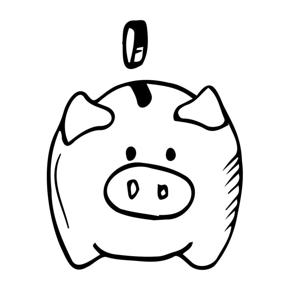 Cartoon piggy bank with falling shining coins. Black and white sketch. Hand drawn vector illustration isolated on white background. Business concept