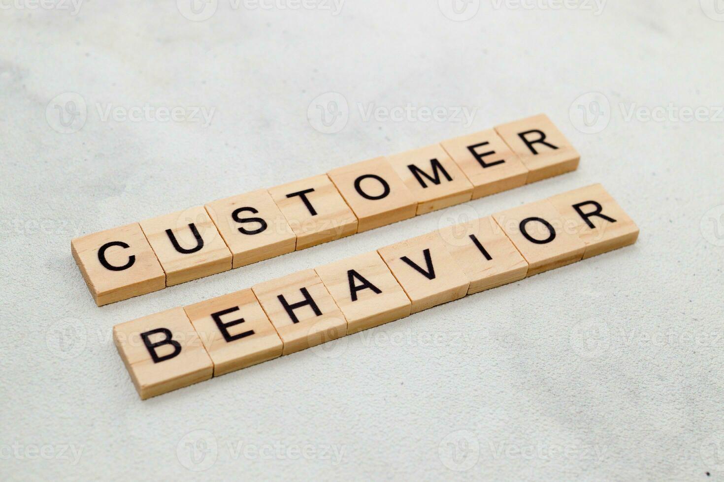 Top view of Customer Behavior word on wooden cube letter block on white background. Business concept photo