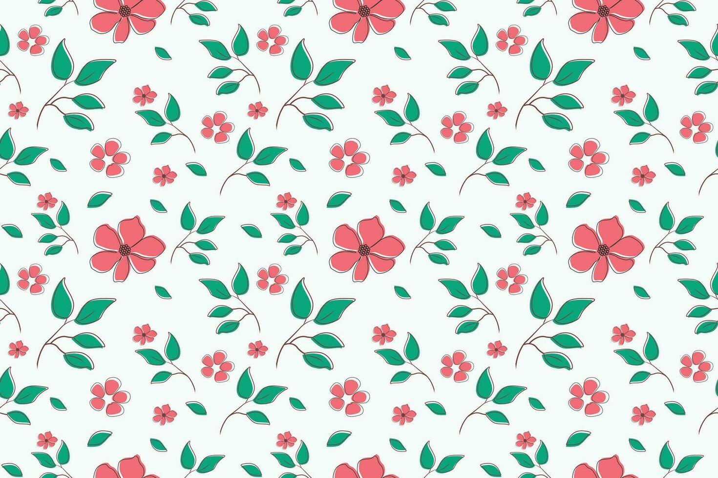 Red flowers with green leaves are spread on a white background. Seamless repeating pattern vector illustration design.