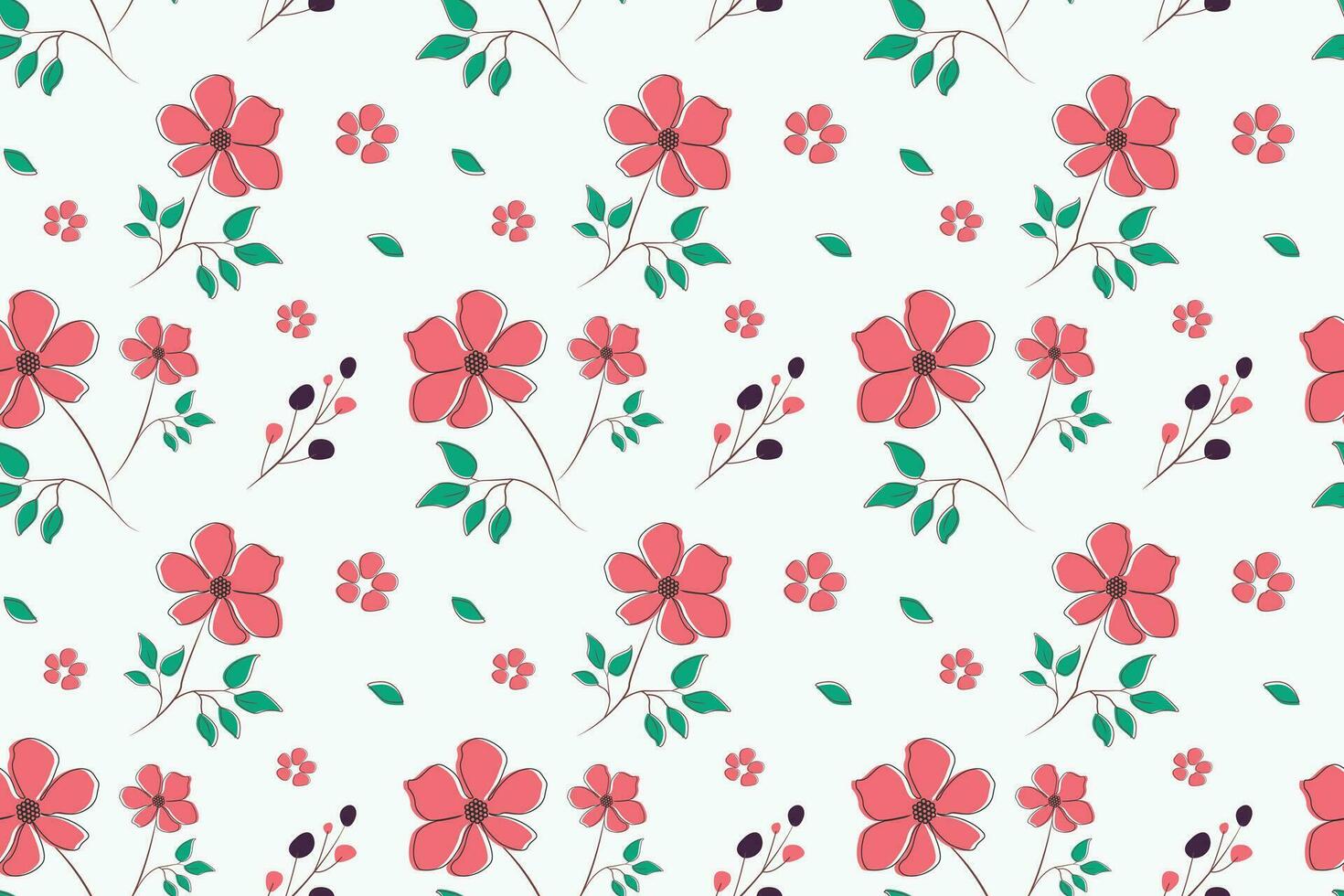 Floral pattern with red flowers with green leaves on a white background. Vintage floral plant, stock vector background.