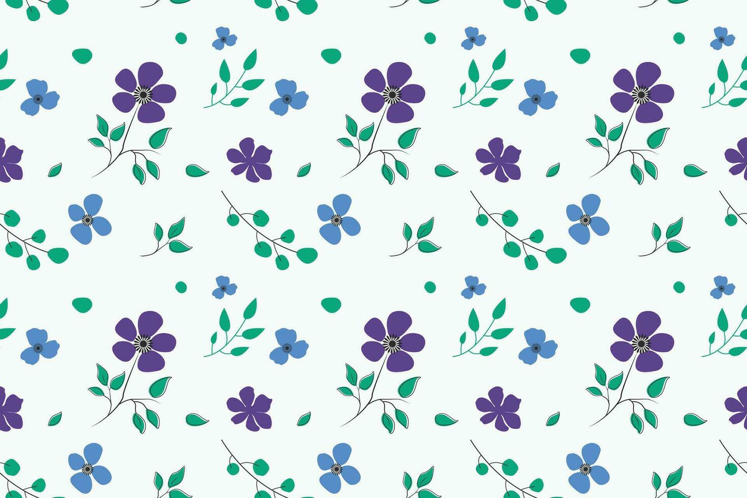 Purple and blue flowers with branches are spread on a white background. Seamless repeating pattern vector illustration design. Can be used for packaging, gift wrapping paper, and cloth.