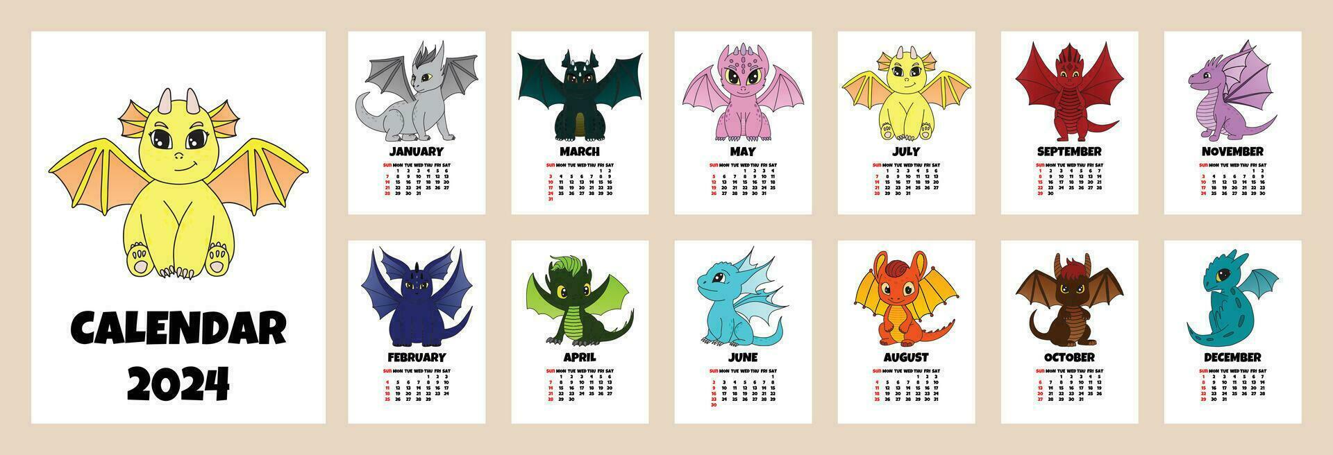 2024 calendar with cute little dragons. 2024 calendar A4 week start Sunday. Doodle dragon colored outline. Vector illustration