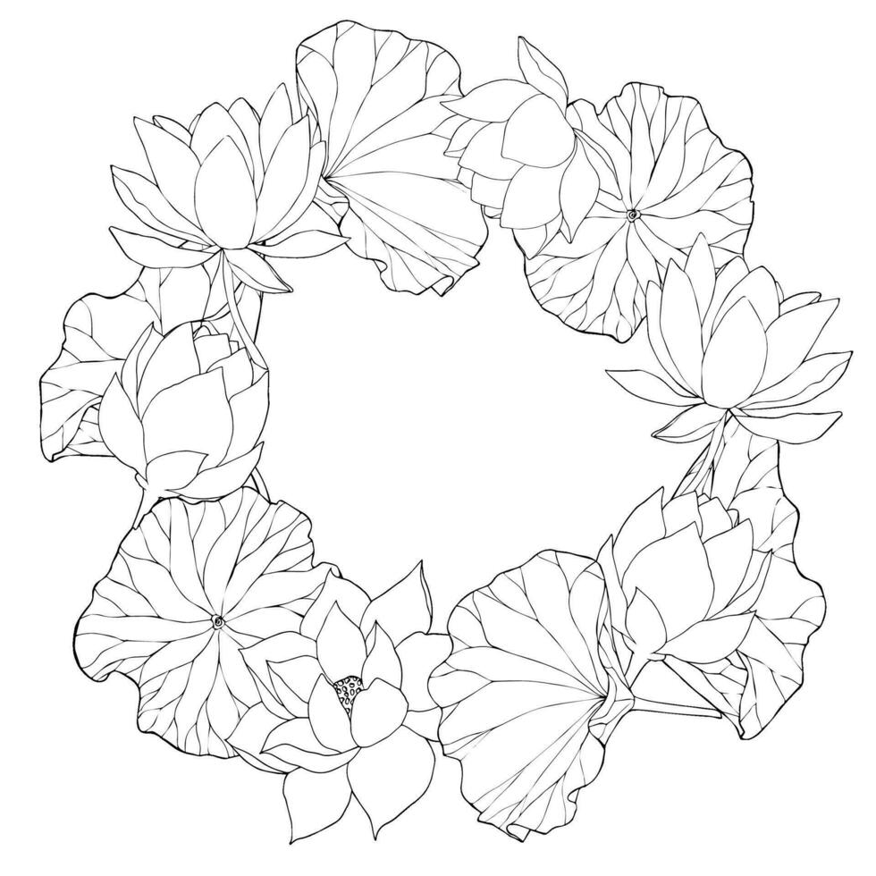 Wreath with vector hand drawn lotus flowers and buds, leaves, black line art illustration. Outline floral drawing for logo, tattoo, packaging design, frame with space for text