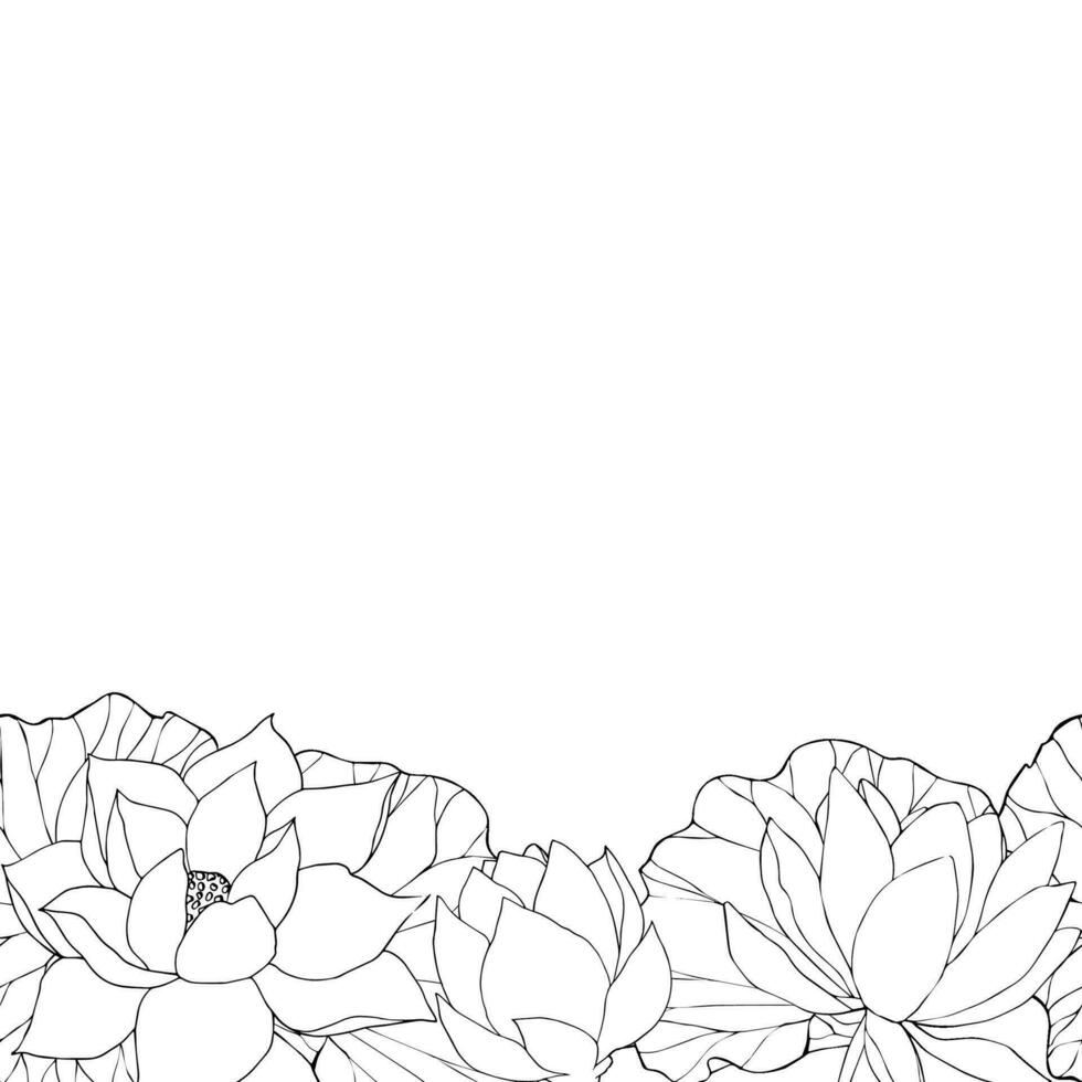 Frame with vector hand drawn lotus flowers and buds, leaves, black line art illustration. Outline floral drawing for logo, tattoo, packaging design, border with space for text