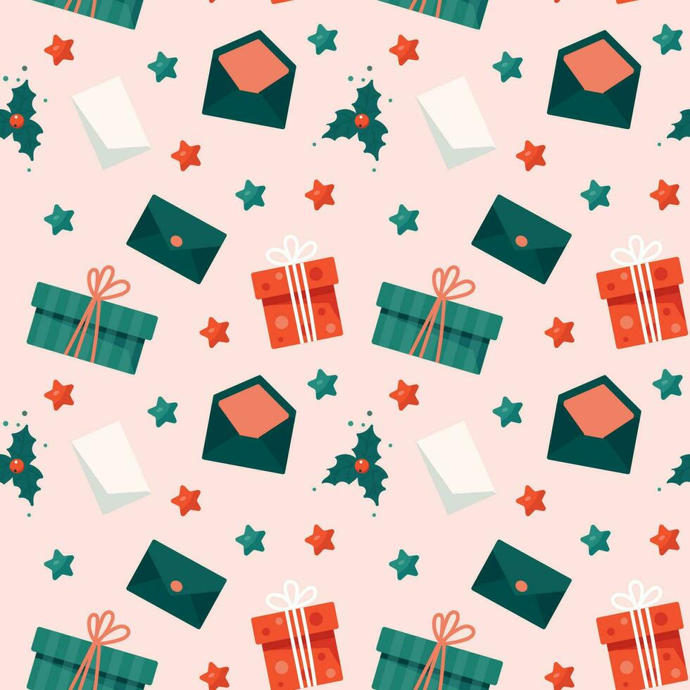 Christmas seamless pattern with presents, greeting card and envelope vector