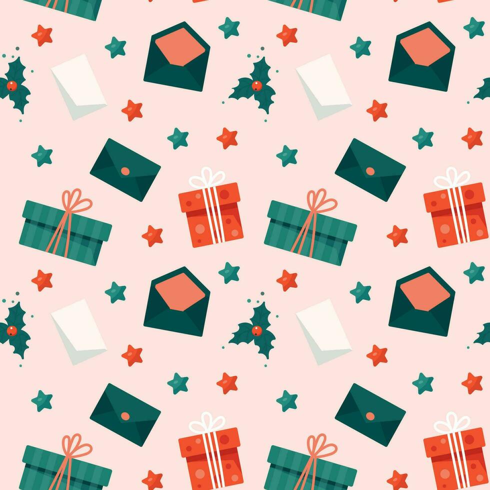 Christmas seamless pattern with presents, greeting card and envelope vector