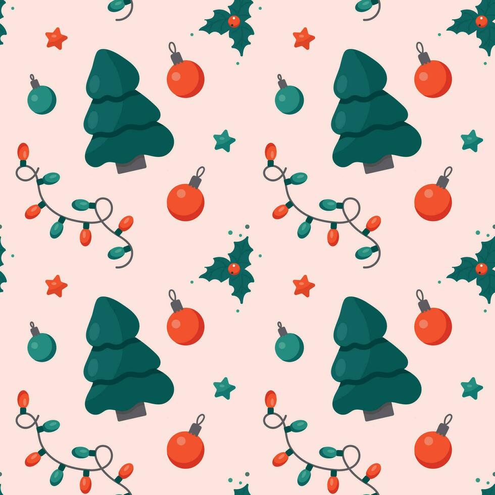 Christmas seamless pattern with christmas tree and decor vector