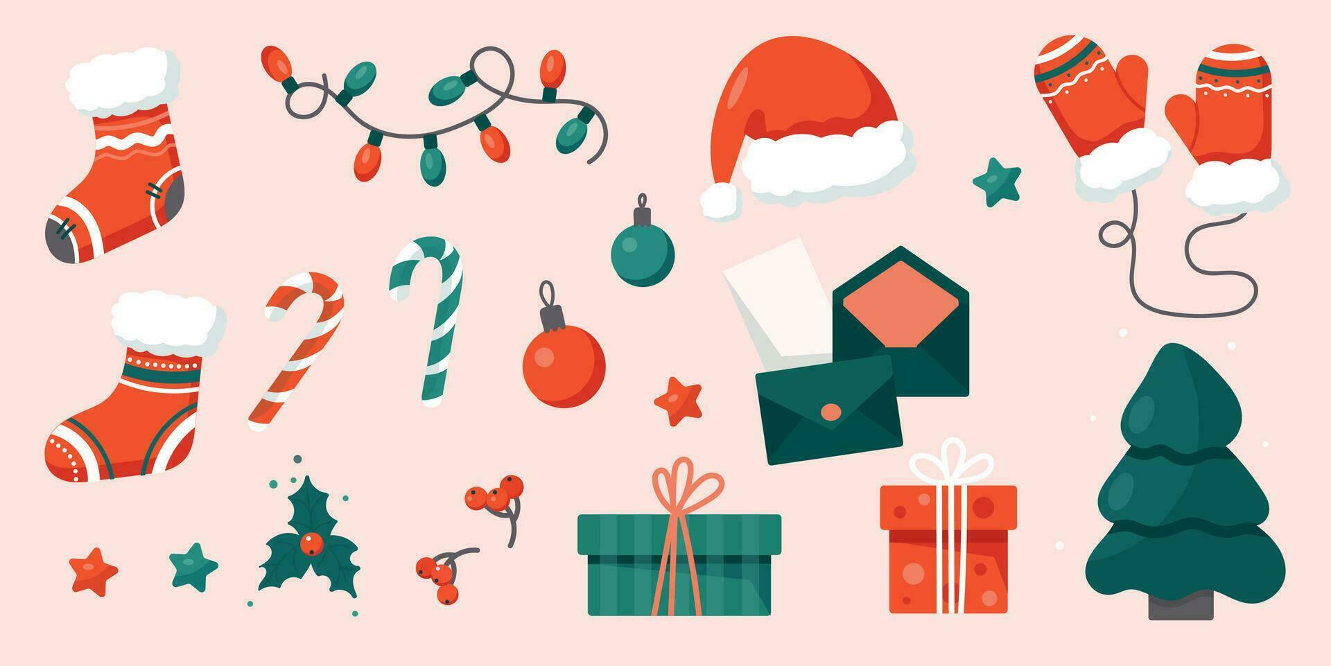 Christmas element set with gifts, accessories and decor vector