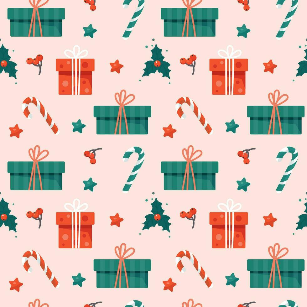 Christmas seamless pattern with gifts and cane vector