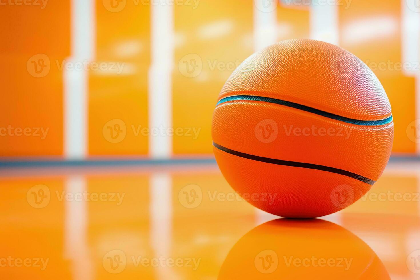 Basketball ball in gym, close up, orange bakground. Copy space. Generative AI photo