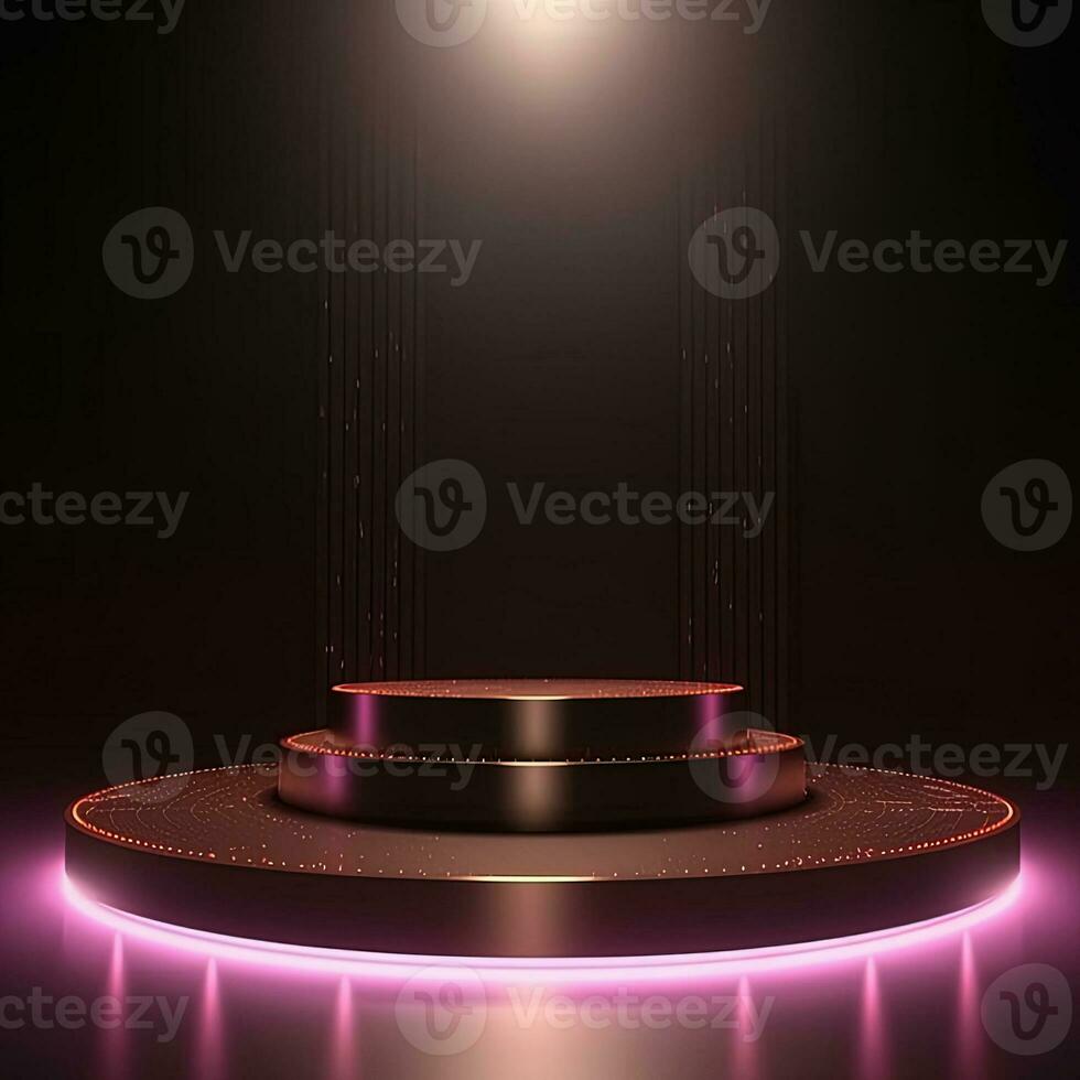 Round podium display for product design. Pink neon stage in spotlights and rays, black background. Generative AI photo