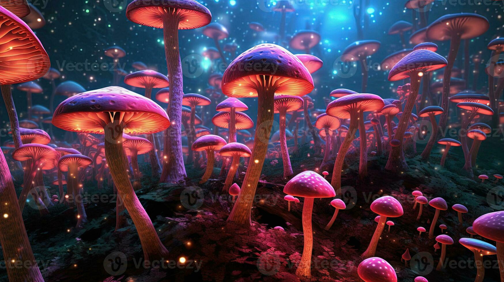 Colorful mushrooms in psychedelic forest. Glowing neon dmt mushrooms concept. Mycelium microorganism in wonderland. Generative AI photo