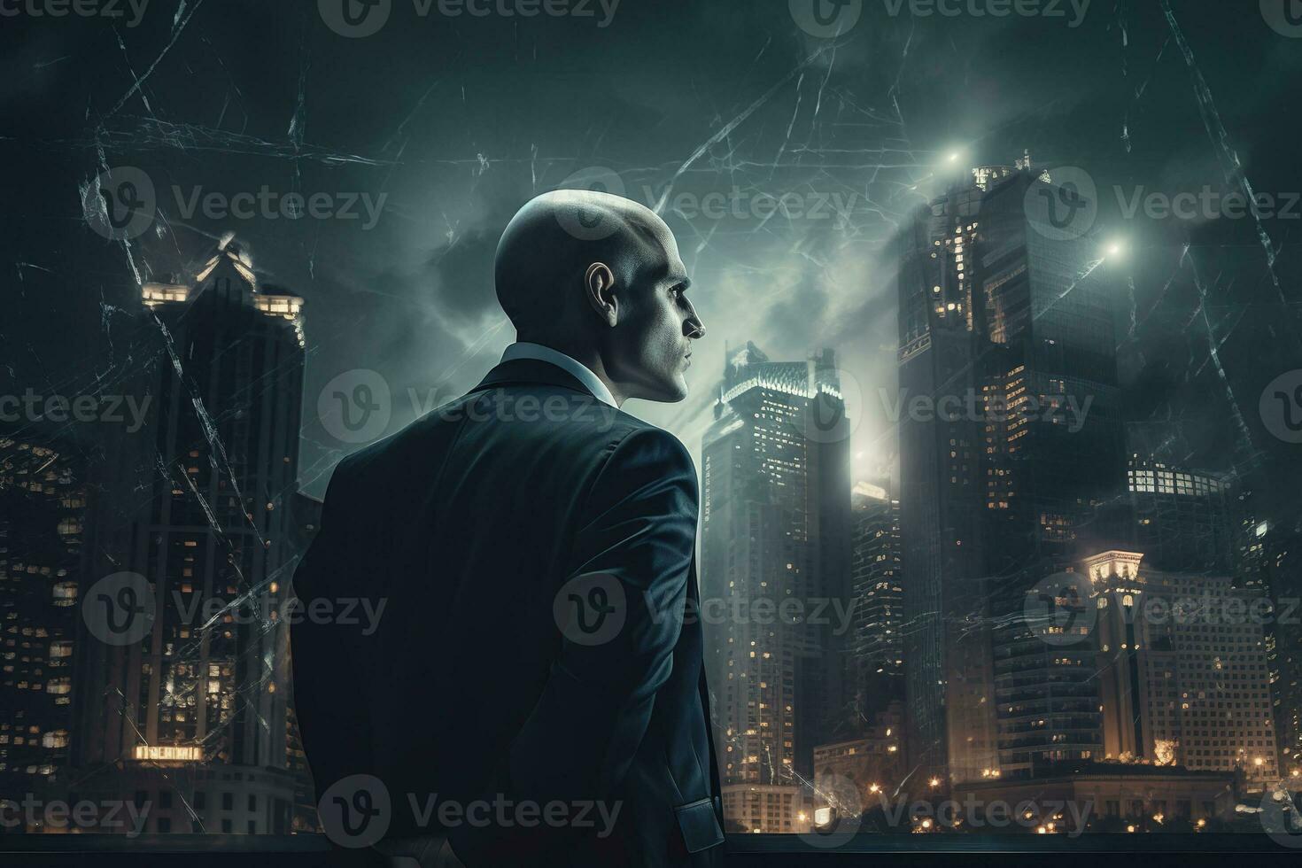 Man in suit in melancholic city. Abstract evil corporation concept. Generative AI photo