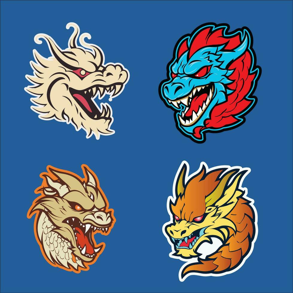 Four fierce dragon heads in different styles vector