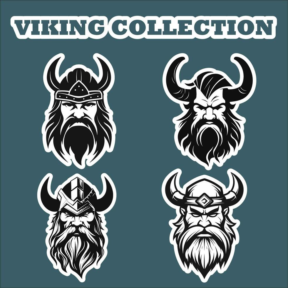 conjunto de cuatro pegatina vikingo cabeza en azul antecedentes vector