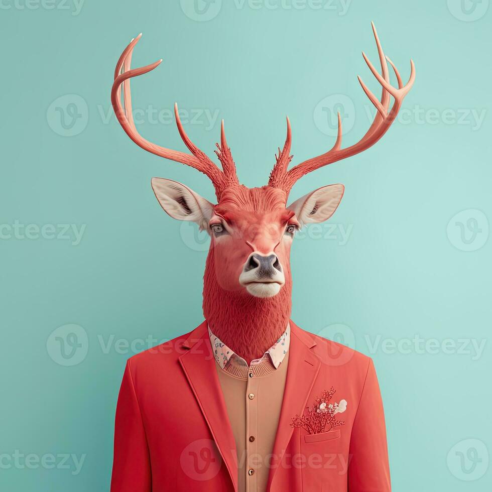 Fashion deer in jacket. Red on blue portrait. Pop art modern style and lifestyle concept. Contemporary art, creative idea. Generative AI photo