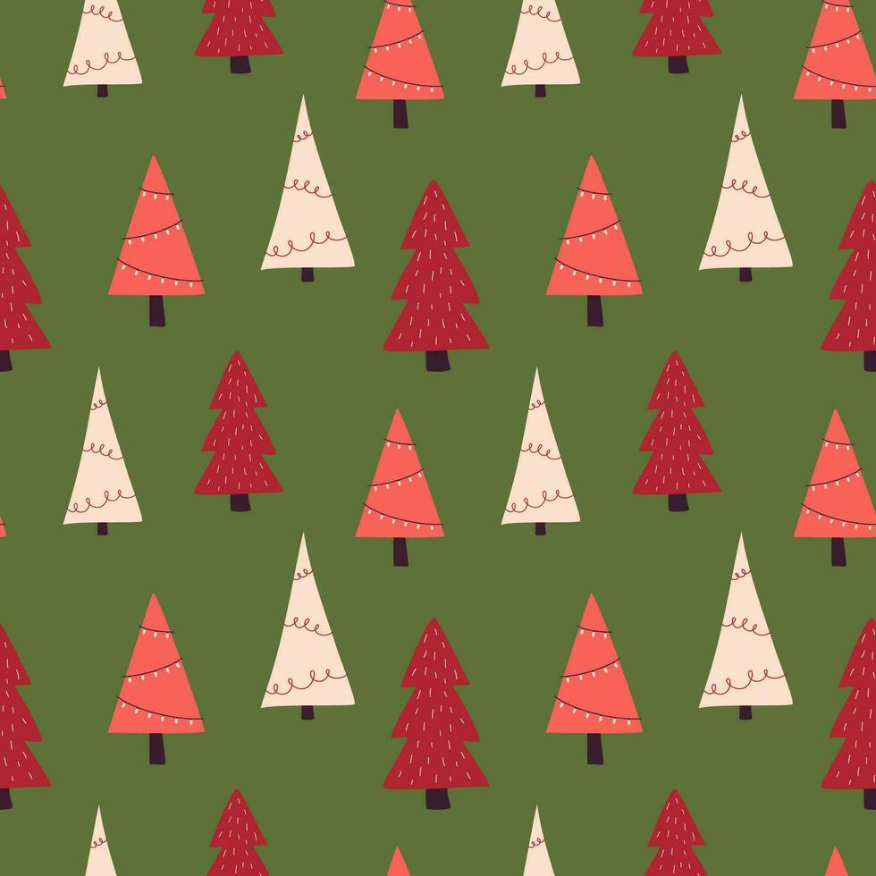 Seamless vector Christmas pattern with fir trees on a green background.