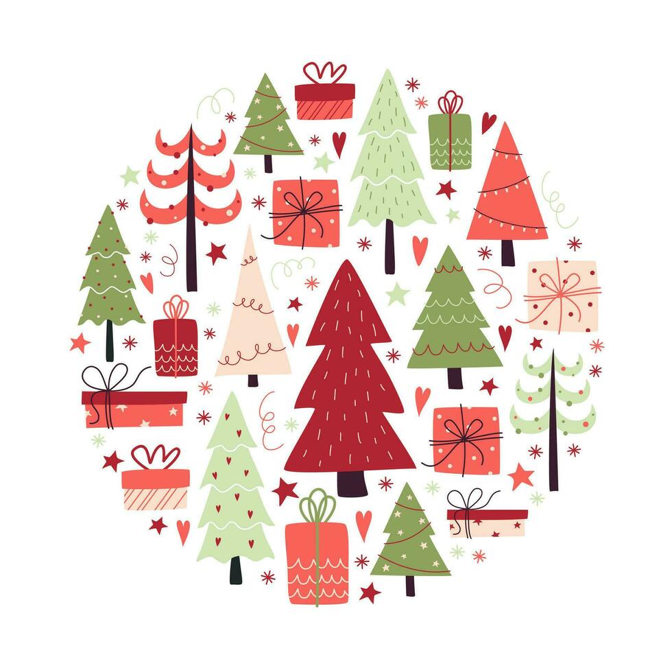 Navidad vector composición con Navidad arboles y regalos en un círculo.