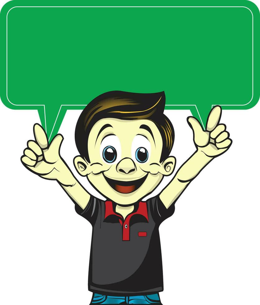 Cartoon child with holding a blank sign. Vector transparent background