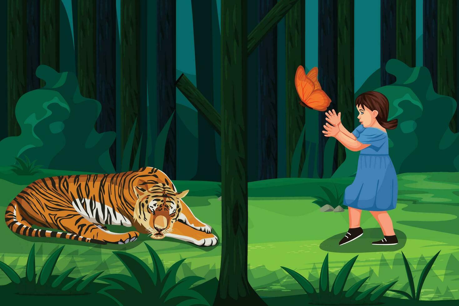 un niña jugando en el bosque, y un Tigre detrás el árboles, Víctor vector