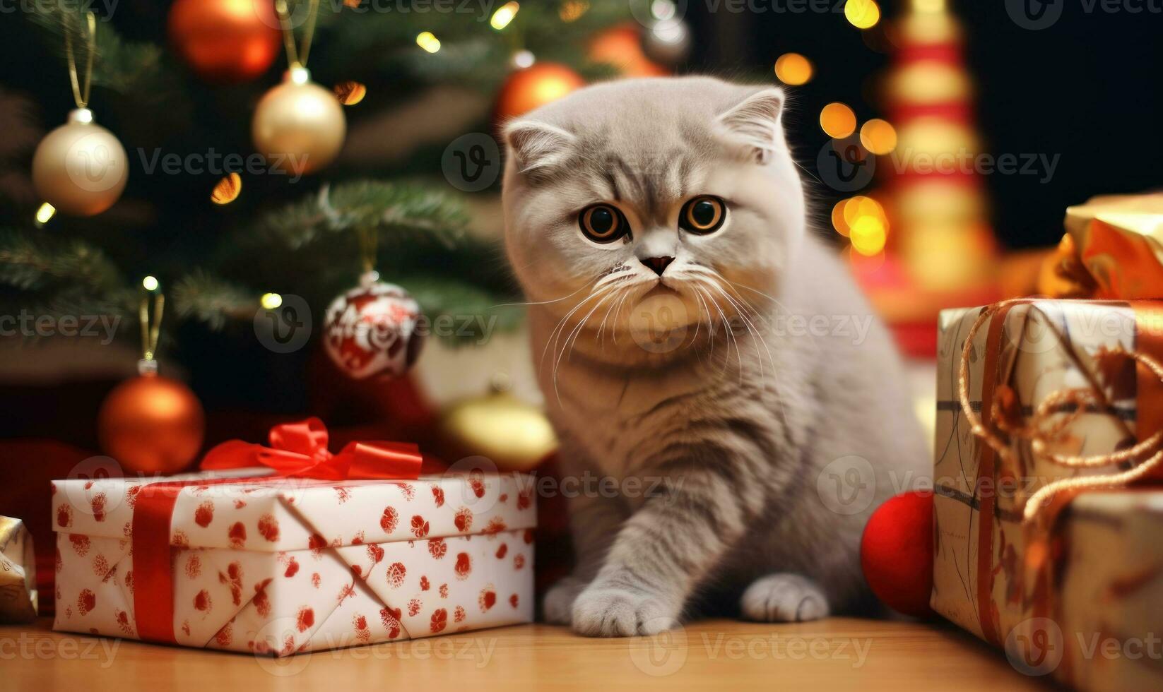 Adorable scottish fold cat with gifts and presents under Christmas tree AI Generated photo
