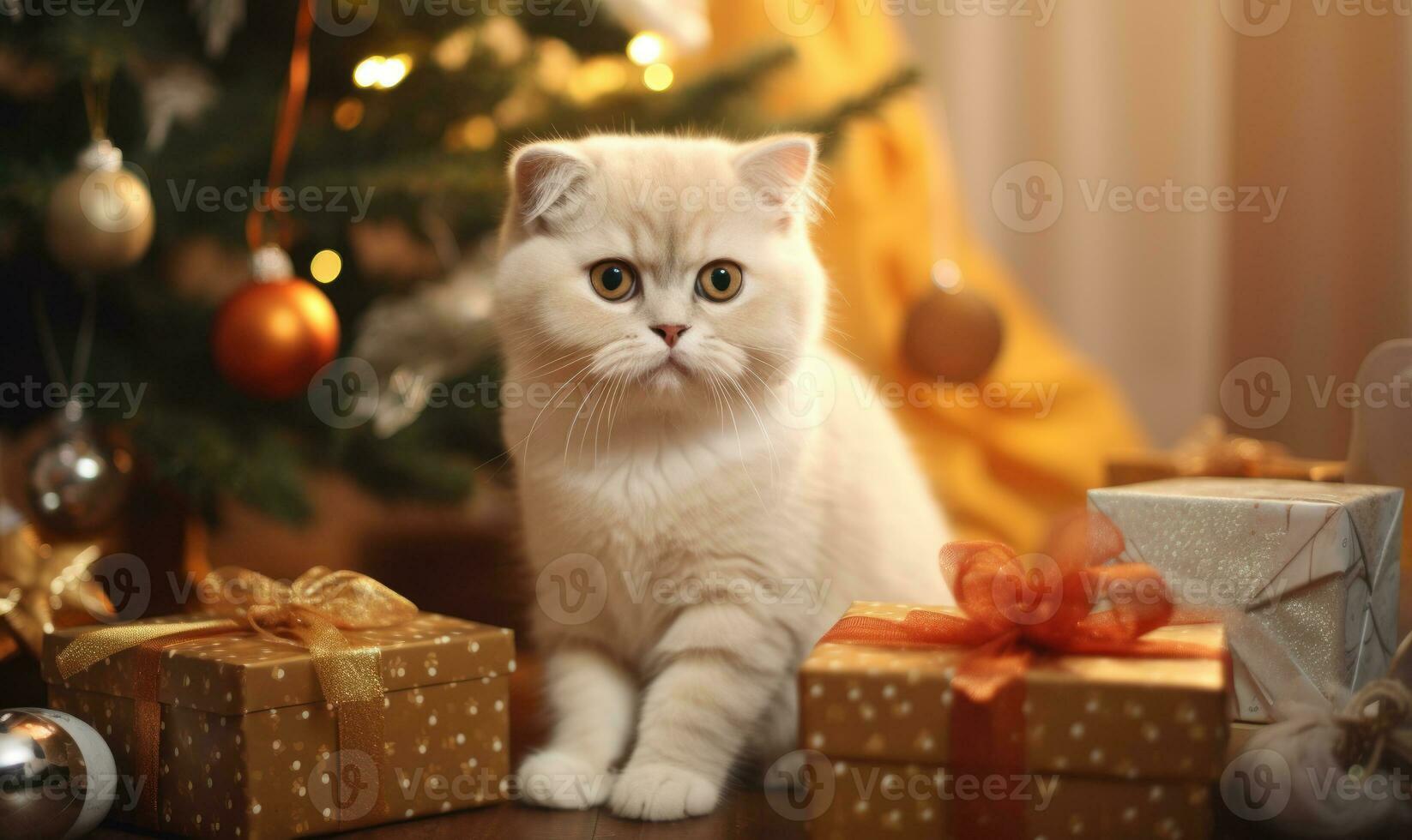 Adorable scottish fold cat with gifts and presents under Christmas tree AI Generated photo