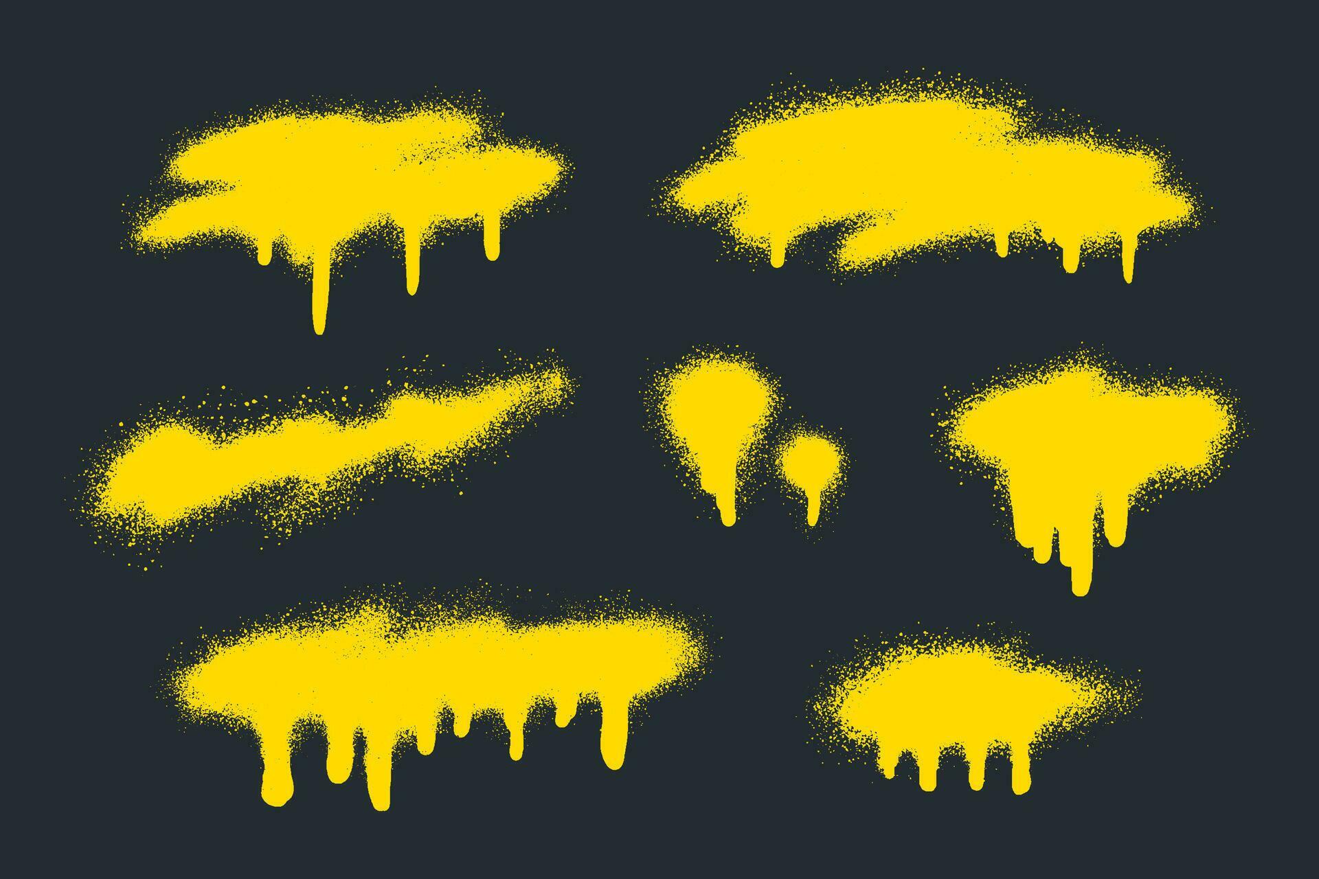 Set of yellow spray paint vector set. Paint splatter texture on black