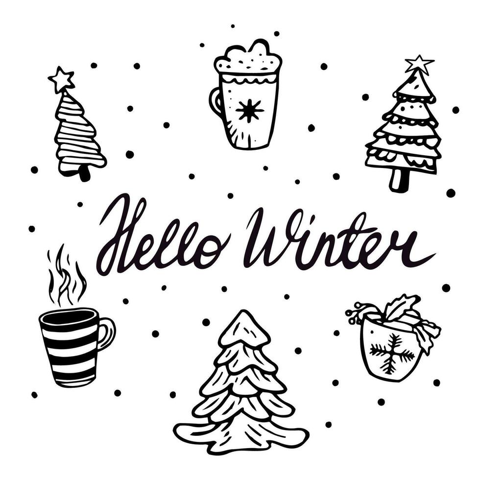 nuevo año garabatear ilustración de acogedor tazas con té y caliente chocolate y Navidad arboles Navidad conjunto de garabatear arboles y caliente bebidas vector