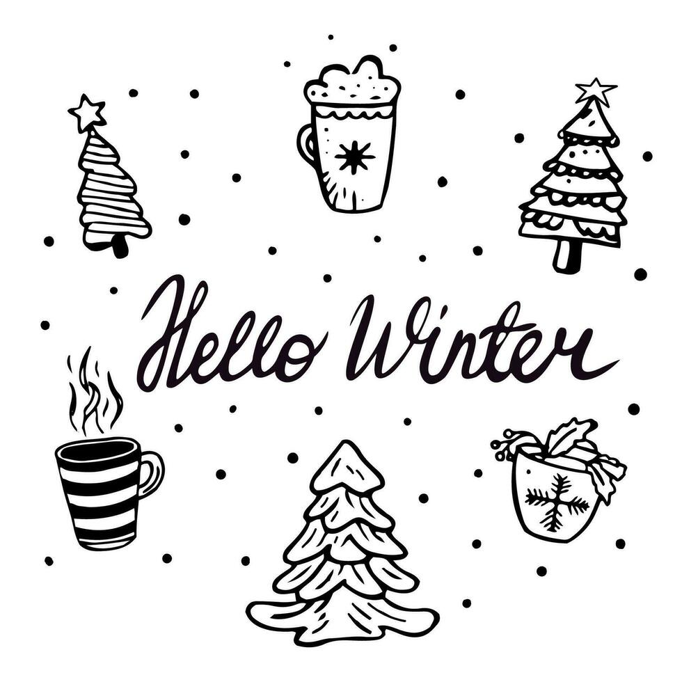 New Year doodle illustration of cozy cups with tea and hot chocolate and Christmas trees. Christmas set of doodle trees and hot drinks. vector