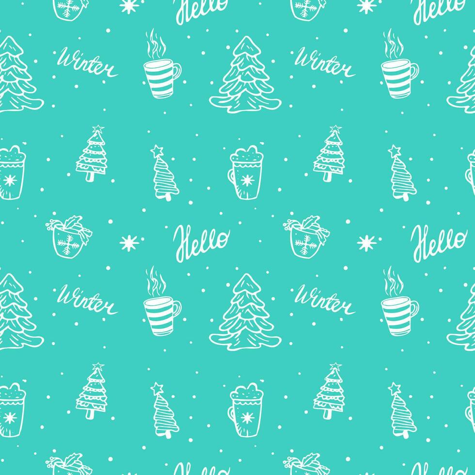 New Year pattern doodle illustration of cozy cups with tea and hot chocolate and Christmas trees. Christmas seamless background of doodle trees and hot drinks. vector