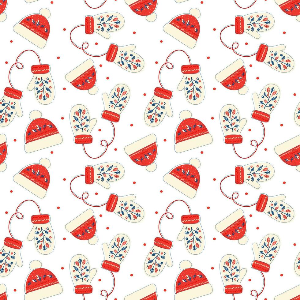 Seamless pattern with warm clothes, gloves and hats, knitted accessories, Christmas patterns, New Year. Winter mittens and hat background in bright christmas colors. vector