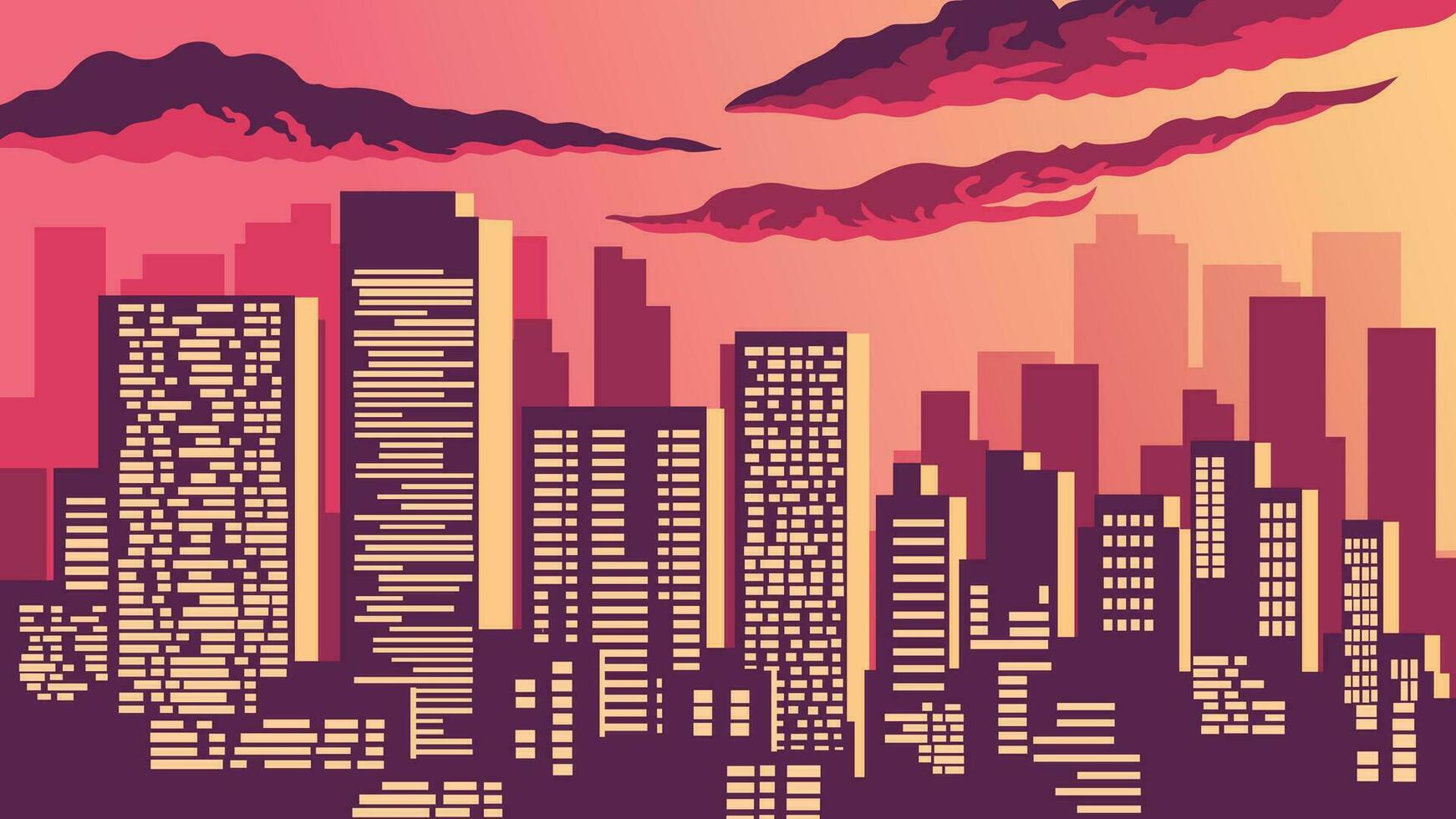 An illustration of the city atmosphere at night in pink and yellow vector