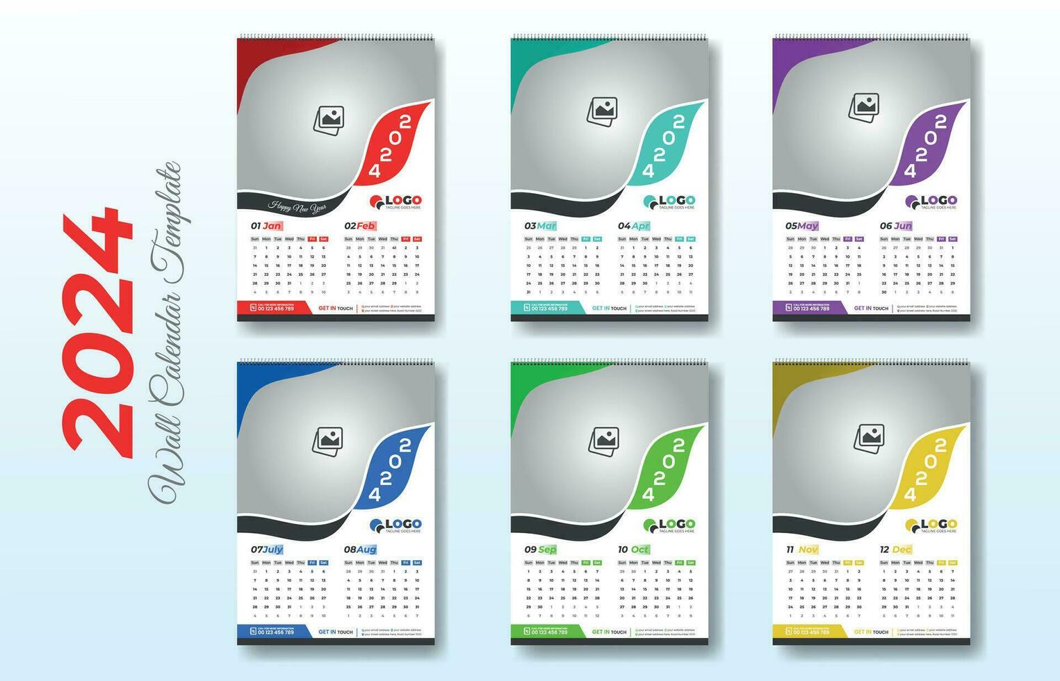 2024 New year 6 Page wall calendar template vector