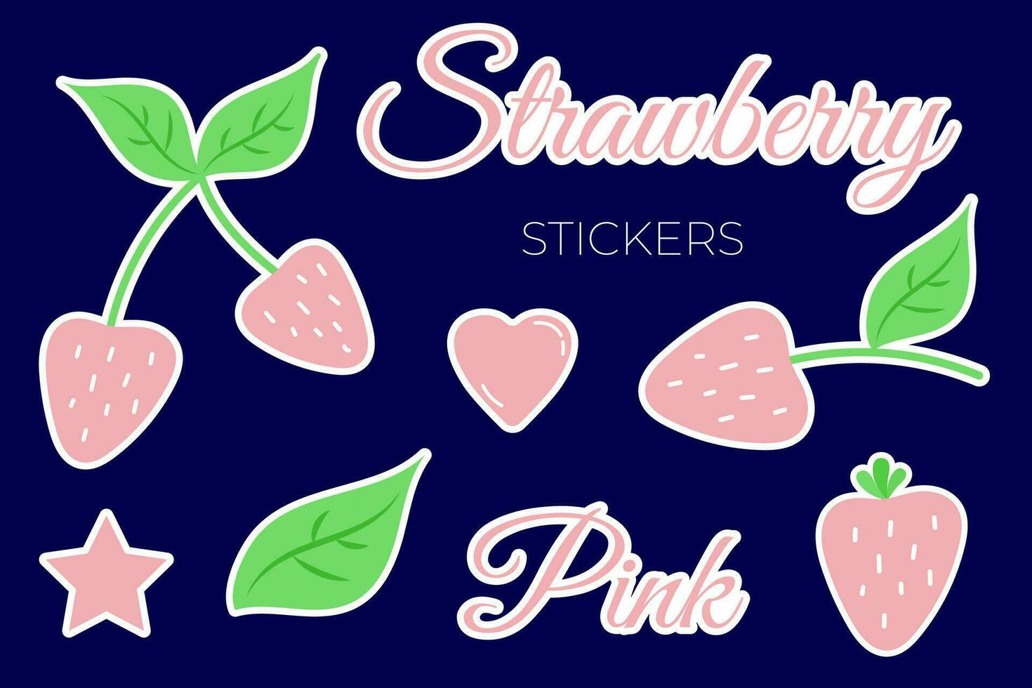 Strawberry stickers. Vector illustration of pink berries and twigs with green leaves. Set of cute funny stickers for teenagers. Trendy print design.