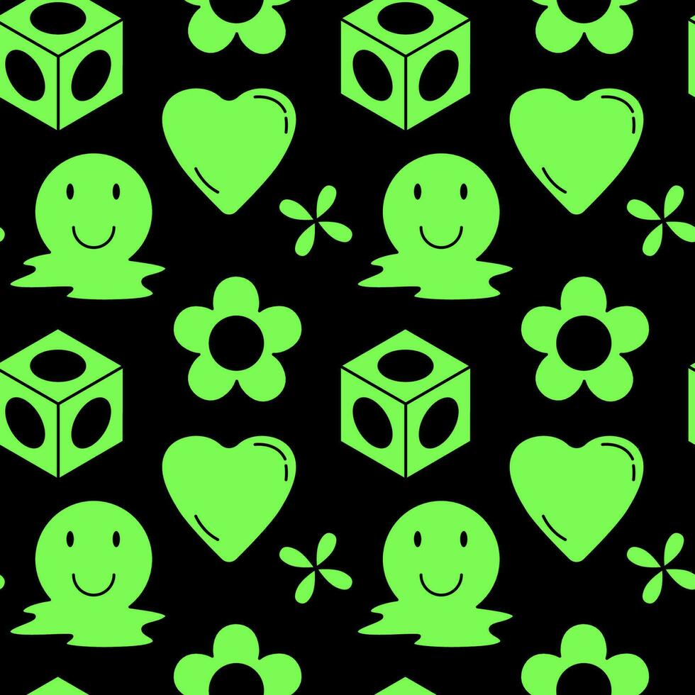 Seamless pattern with retro futuristic acid objects. Vector illustration of smile faces, flowers, hearts and 3d cubes. Rave background design for posters.
