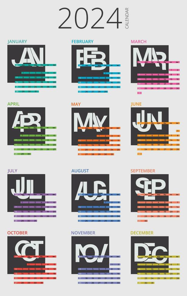 Calendar 2024 week start Sunday corporate design planner colorful template. vector