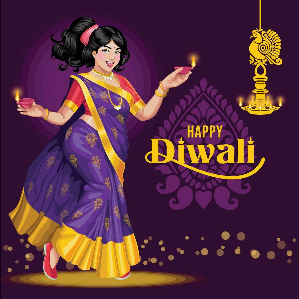 Diwali Greetings with a happy Girl holding lamps on her hands vector