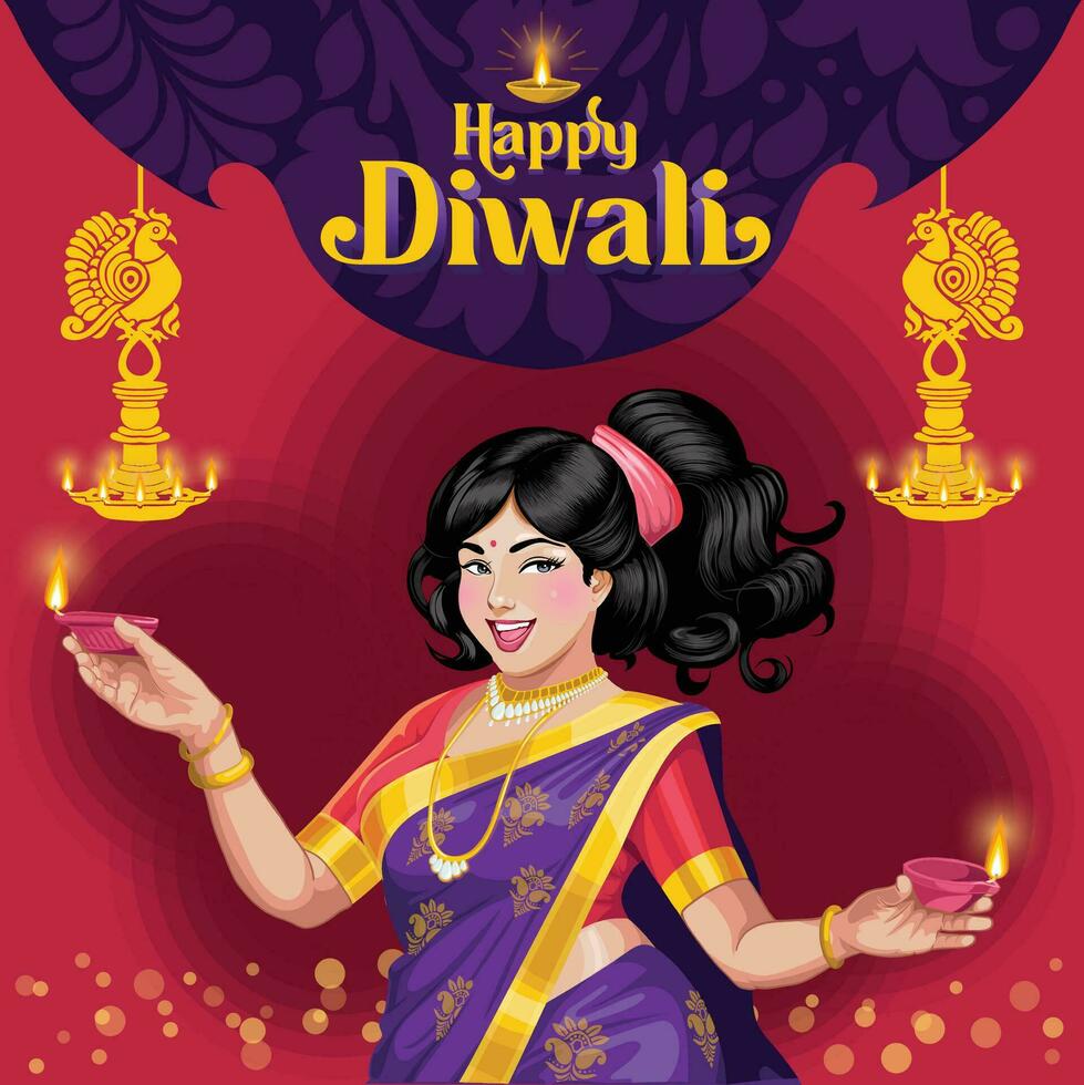 diwali saludos con un hermosa niña participación lamparas en su manos vector