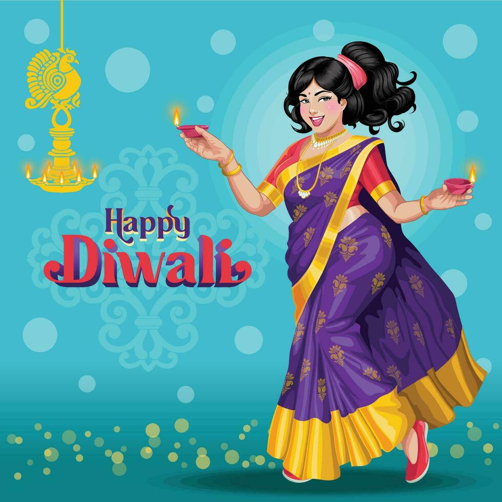 Diwali Greetings with a dancing Girl holding lamps on her hands vector