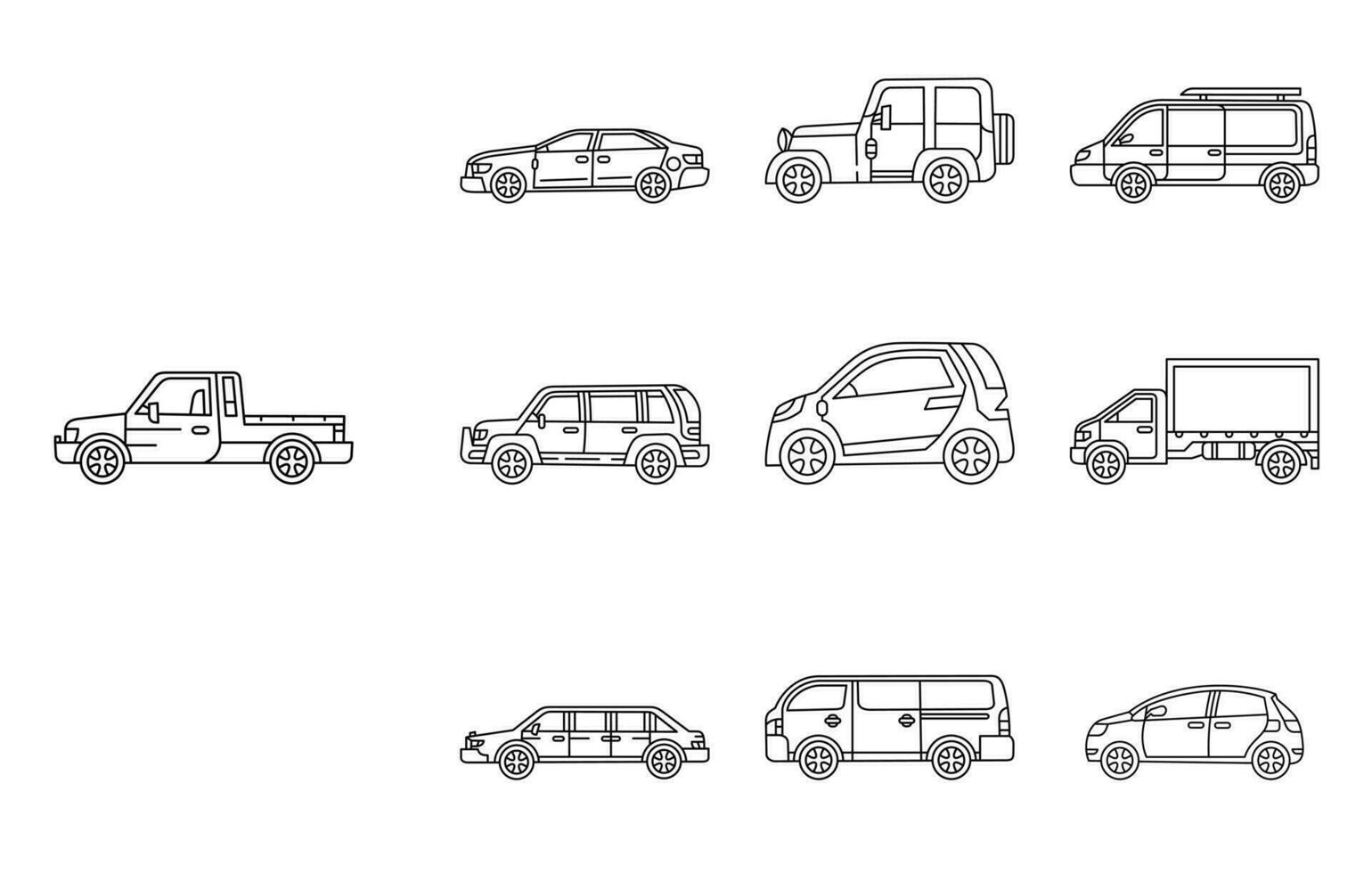 Collection of cars line art icon vector